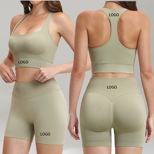 Conjunto de Yoga sin Costuras para Mujer, 2 Piezas, Pantalones Cortos de Cintura Alta, Top Corto, Ropa Deportiva, Color Sólido, Transpirable, Espalda Cruzada - Product Image 6
