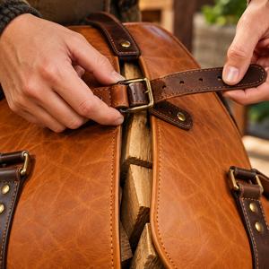 Sac de transport robuste en cuir véritable et bois pour bûches, fait main, style rustique, LWC-0064 - Product Image 4