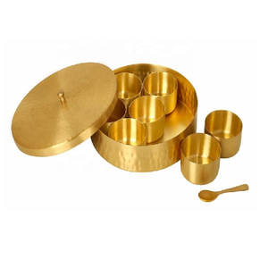 Hammered Pure Brass Masala Dani <b>Box</b> 7 Container & 1 Spoon Elegance Design on Lid Home Masala Dani Organizer Home Kitchen Decor - Product Image 4