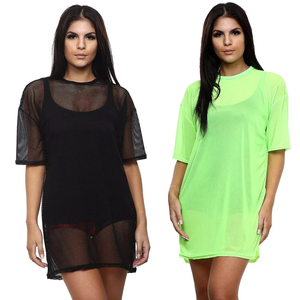 Vestido Camiseta de Malla Oversize para Mujer, Manga Corta, Cuello Redondo, Ajuste Holgado, Color Liso, Transpirable, para Primavera y Verano - Product Image 1