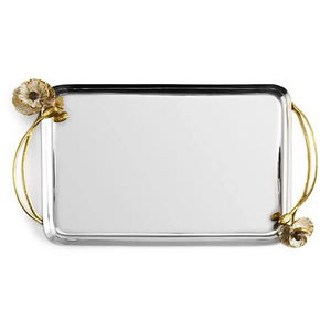 Magnifique plateau de service rectangulaire argenté avec élégantes poignées dorées en forme de fleurs et accents floraux assortis sur la base pour le service - Product Image 3