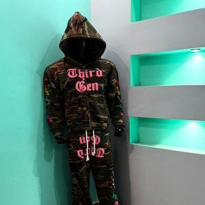 Ensemble de survêtement personnalisé pour homme 2 pièces automne-hiver décontracté uni avec poches pour le sport et la gym, comprenant un sweat à capuche imprimé en relief - Product Image 1