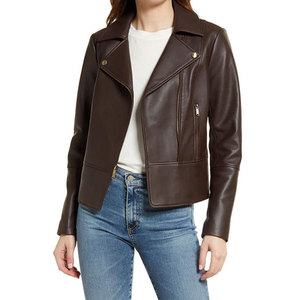 <b>Women's</b> Brown Genuine Leather Bomber <b>Jacket</b> Full Sleeve Zipper Closure Turn-down Collar Windproof Autumn Regular Length - Product Image 4
