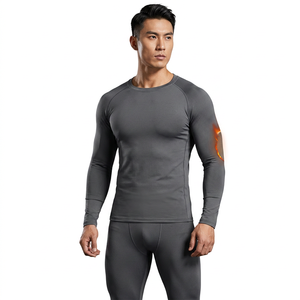 T-shirt de compression gris pour homme à manches longues, séchage rapide, anti-transpiration, respirant, extensible dans quatre directions, col rond, couleur unie - Product Image 3