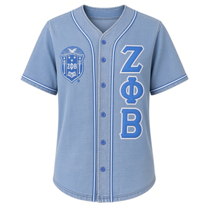 เสื้อเบสบอลยีนส์ผู้หญิง Zeta Phi Beta สีน้ำเงิน ตัวอักษรกรีก กระดุมติด แขนสั้น สวมใส่สบาย ระบายอากาศได้ดี เหมาะสำหรับฤดูร้อน ผลิตจากผ้าฝ้าย 100% - Product Image 1