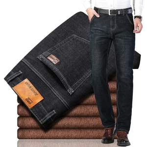 2023 Winter <b>Men</b> Black Blue Straight <b>Stretch</b> Denim Thick Velvet Warm Jeans Casual Fleece Line Plus Size - Product Image 1