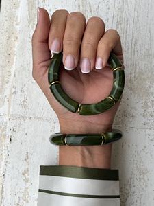 Bracelet artisanal en résine de marbre vert, empilable, avec tube en bambou courbé et entretoise en résine or olive, bijoux pour femmes, vente en gros - Product Image 4