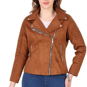 <b>Women's</b> Brown <b>Suede</b> Moto <b>Jacket</b> With Zipper Closure Full Sleeve Stand Collar Autumn Style - Product Image 5