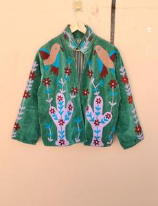 Premium Green Velvet Floral <b>Embroidered</b> Suzani <b>Jacket</b> With Bird Cactus Pattern Full Sleeve Stand Collar Boho <b>Women</b> Winter Coat - Product Image 1