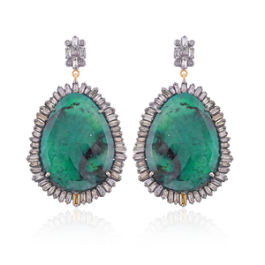 Natural Emerald Gemstone Prong Set Baguette Diamond Drop Dangle Oxidized 925 Silver Designer Women's Earrings Fine Jewelry - Product Image 4