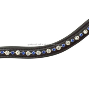 Diadema de cuero para caballo con logotipo personalizado, acolchada, negra, con cristales transparentes azules y blancos brillantes. - Product Image 6