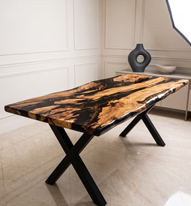 Table à manger rectangulaire moderne en bois massif avec bord naturel et résine époxy, pieds en métal doré, faite à la main, pour salle à manger ou entrée, 6 places - Product Image 5