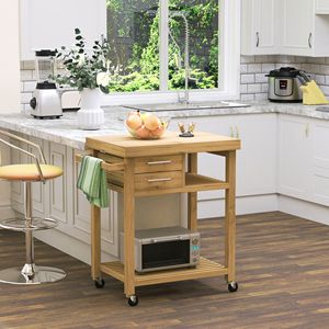 Carrello da Cucina Moderno ed Ecologico in Bambù con 2 Cassetti e Ripiani Aperti su Ruote per Maggiore Durabilità - Product Image 2