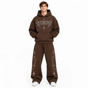 Men's Rhinestone Hooded Tracksuit Streetwear Full Sleeve Sweatshirt Cotton Fleece Loose Fit Drawstring <b>Pant</b> Men <b>Baggy</b> Sweat Suit - Product Image 3