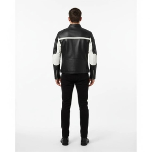 Chaqueta de Motociclista Personalizada para Hombre, de Cuero Vacuno Genuino, Estilo Racing en Blanco y Negro, con Cierre YKK - Product Image 4