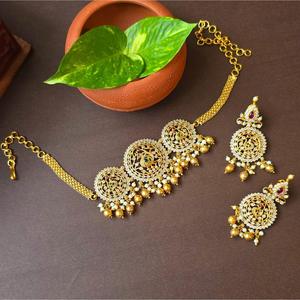 Lakshmi Devi Women's Anniversary Gold Plated Alloy Short Necklace and Earring Jewelry Set - Product Image 1