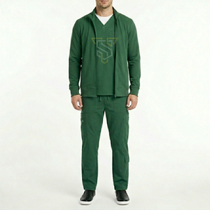 Conjunto Médico Unisex Verde de 3 Piezas con Cuello en V, Chaqueta con Cierre y Pantalones Cargo de Mezclilla para Uso Hospitalario - Product Image 1