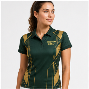 เสื้อโปโลผู้หญิงพิมพ์ลายกราฟิกสีเขียวทองทรงเหลี่ยม รุ่น WPS-0822 แห้งเร็ว ระบายอากาศได้ดี แขนสั้น เหมาะสำหรับทีมกอล์ฟ - Product Image 1