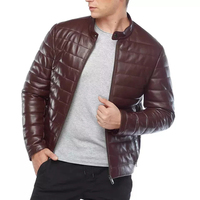 Veste matelassée en cuir véritable marron pour homme Afernon Industry, col montant, fermeture éclair, coupe-vent, respirante, hiver