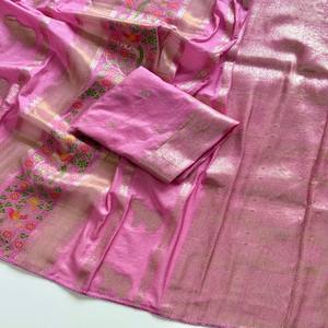 VASTRA COTTAGE Saree de Georgette de Viscosa de Tejido Chinya Puro con Jacquard Zari Dorado y Estampado Meenakari de Pavo Real y Elefante - Product Image 2