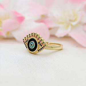 Bague ajustable en argent 925 plaqué or avec émail et zircone cubique multicolore motif œil porte-bonheur, bijoux fins Memoria Jewels - Product Image 2