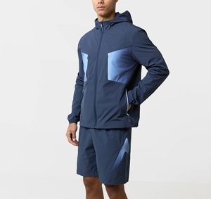 Ensemble de survêtement pour homme, color-block, manches longues, à capuche, fermeture éclair, sportif, léger, polyester, short d'été, séchage rapide, respirant - Product Image 2