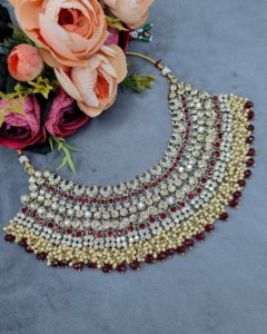 Heavy Ethnic CZ Studded Bridal Choker <b>Set</b> With Pearl Drop Accents Matching Earrings & Mangtika Antique Gold Plated <b>Jewellery</b> <b>Set</b> - Product Image 5