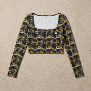 Custom Printed <b>Crop</b> <b>Top</b> Square Neck women's shirt Casual Blouse Full Sleeves Knitted Spandex Polyester All Seasons Trendy Wear - Product Image 3