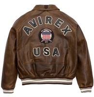 Veste en cuir marron Avirex avec patch brodé, col rabattu, fermeture éclair, vêtement d'automne, veste en cuir Avirex pour homme