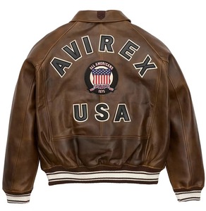 Veste en cuir marron Avirex avec patch brodé, col rabattu, fermeture éclair, veste en cuir Avirex pour homme, idéale pour l'automne - Product Image 2