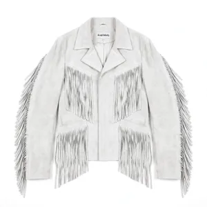 Chaqueta de Cuero Unisex Blanca con Flecos de Gamuza Auténtica, Estilo Vaquero Occidental, con Botones, Prenda Exterior Vintage de Moda, Logotipo Personalizado OEM - Product Image 1
