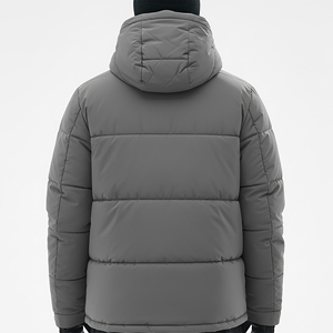 Men's Winter Stand Long Camouflage Hooded Puffer Jacket Solid Gray Thick Polyester <b>Warm</b> Windproof Casual Outdoor Front Logo - Product Image 5