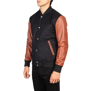 Men's Black With Brown PU Leather Sleeves Stand Collar Button Closure Casual Regular <b>Fit</b> Varsity <b>Jacket</b> Available For Sale - Product Image 3