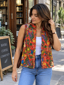 Farida Print Cotton Quilted Vest | Handmade Quilted Floral <b>Women</b>’s <b>Jacket</b> | Boho <b>Sleeveless</b> Layering Outerwear <b>Jacket</b> - Product Image 1