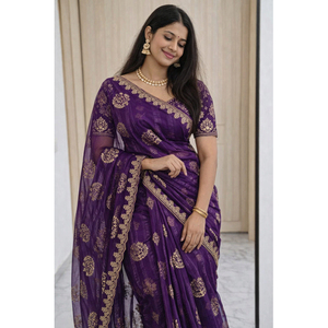 Pure Moss Georgette Saree With Fully Heavy Embroidery Work - Product Image 1