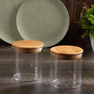 Round clear Tall Straight Empty High Borosilicate Glass Spice Beans <b>Cookie</b> Container Glass Storage <b>Jar</b> with Screw Bamboo - Product Image 1