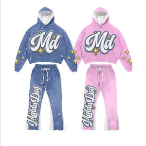 Ensemble pantalon de survêtement et sweat à capuche évasé surdimensionné pour homme unisexe survêtement d'hiver brodé avec patch imprimé - Product Image 1