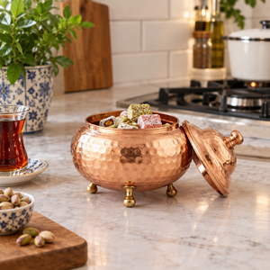 Handmade Hammered Copper <b>Lidded</b> Storage Pot <b>with</b> Rounded Body and Three Feet for Kitchen Home Decor Wholesale Supply Bulk Export - Product Image 3