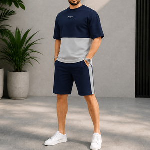 Conjunto de Dos Piezas con Bloques de Color de Diseño Personalizado, Camiseta de Manga Corta Informal de Algodón Premium Transpirable de Secado Rápido - Product Image 1