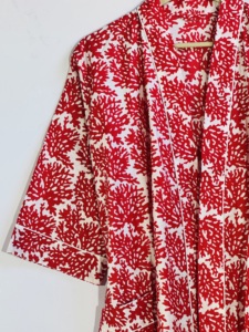 <b>Red</b> Coral Print Cotton Kimono Robe for Women | Handmade Lightweight Bathrobe with <b>Belt</b> - Product Image 3