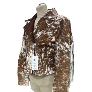 Women's Genuine <b>Cow</b> hair on Leather Moto Jacket Animal Print Zipper Closure Full Sleeve Short Length Stand Collar Autumn Style - Product Image 6