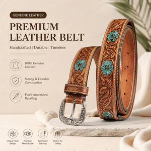 Premium Handcrafted Genuine <b>Leather</b> Belt for Men Floral <b>Tooled</b> Belt with Turquoise Concho Accents - Product Image 4