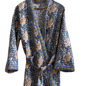 Peignoir long kimono en coton gaufré imprimé à la main bleu beige pour femmes et hommes, vente en gros personnalisée B2B, compressé, Jaipur - Product Image 4