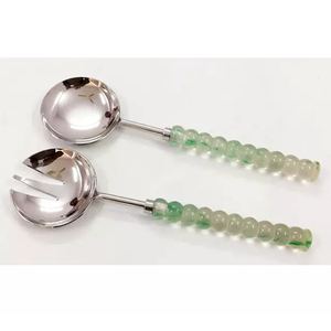 Ensemble de service à salade grand format à prix abordable avec manche en marbre, cuillère et fourchette de service plaquées or, ustensiles de cuisine, couverts - Product Image 5