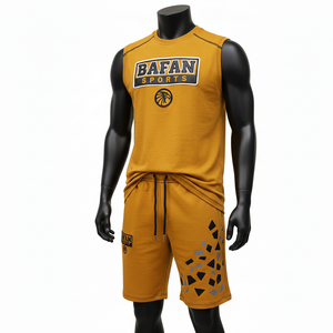 Ensemble t-shirt sans manches et short pour homme, coton mélangé premium, imprimé logo noir moutarde - Product Image 4