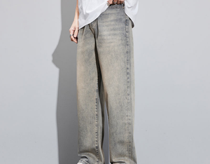 Jean en denim délavé coupe large pour homme, taille haute, fermeture boutonnée, pantalon décontracté en tissu 100 % coton tissé, poids moyen, style automne - Product Image 1