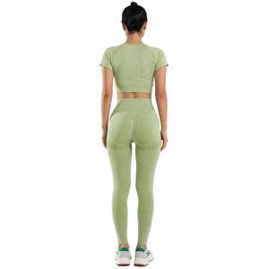 <b>STAR</b> SPEEDWomen's Green Ribbed Yoga Set High Waist Full Length Leggings Short Sleeve Crop <b>Top</b> Seamless Four-Way Stretch - Product Image 3