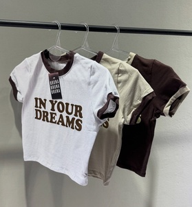 Wholesale <b>Y2K</b> Style Crop Top Ringer Tee Custom Printed Soft Cotton Contrast O Neck Short Sleeve Baby T <b>Shirt</b> Custom - Product Image 1