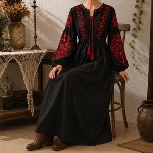 Vestido Maxi Boho Premium de Algodón con Bordado Rojo, Manga Larga, Corte en A, Holgado, Cuello con Lazo, Estilo Vintage, Ropa Casual de Primavera - Product Image 4