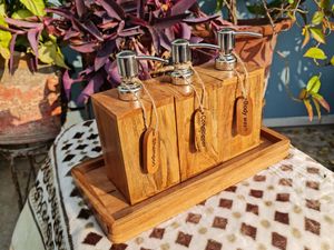 Wooden <b>Bathroom</b> <b>Dispenser</b> <b>Set</b> Four-Piece Rectangle Minimalist Style With Pump Tops For Shampoo Conditioner Body Wash - Product Image 5